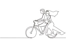 Single One Line Drawing Romantic Married Couple. Man Wearing Suit And Woman With Wedding Dress Are Riding Bicycle Together. Intimacy Celebrates Wedding Day. Continuous Line Draw Design Graphic Vector