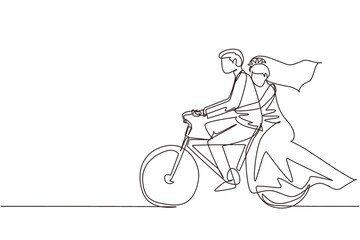 Wall Mural - Single one line drawing romantic married couple. Man wearing suit and woman with wedding dress are riding bicycle together. Intimacy celebrates wedding day. Continuous line draw design graphic vector