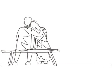 Wall Mural - Continuous one line drawing back view romantic Arab couple chatting and hugging while sitting on bench. Couple getting ready for wedding. Engagement and love relation. Single line draw vector graphic