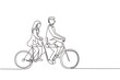 Continuous one line drawing romantic Arabic couple. Couple is riding tandem bicycle together. Happy family. Intimacy celebrates wedding anniversary. Single line draw design vector graphic illustration