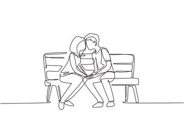 Wall Mural - Single one line drawing kissing couple. Young man and woman face to face sitting on park bench and funny kissing. Romantic couple dating in spring. Modern continuous line draw design graphic vector