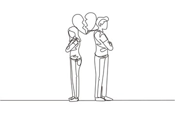 Wall Mural - Single continuous line drawing divorced couple or couples are angry. Relationship break up, broken heart, couple facing opposite direction. Dynamic one line draw graphic design vector illustration