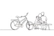 Single continuous line drawing romantic couple chatting while sitting on bench. Happy man woman riding an electric bike. Evening walk by the river. One line draw graphic design vector illustration