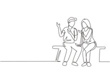 Single One Line Drawing Romantic Couple Talking While Sitting On Bench. Happy Couple Getting Ready For Wedding. Engagement And Love Relation. Continuous Line Draw Design Graphic Vector Illustration