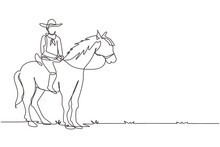 Single Continuous Line Drawing Young Man With Cowboy Hat Riding Horse. Senior Men Pose Elegance On Horseback. Cowboy Riding Standing Horse. Dynamic One Line Draw Graphic Design Vector Illustration