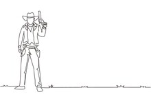 Single Continuous Line Drawing Smart Cowboy With Hat Holding His Gun. American Gunslinger Style Holding Gun Concept. Weapons For Self-defense. Dynamic One Line Draw Graphic Design Vector Illustration