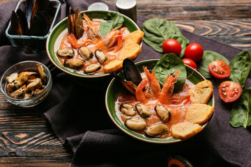 Bowls of tasty Cacciucco soup on wooden background