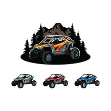 Buggy Atv Utv Adventure Isolated Vector With Rock Mountain And Pines Background