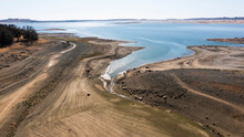 Aerial View Of The Severe Drought Conditions Of Folsom Lake, A Reservoir In Folsom, California, USA.