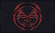 Design of a postcard with a face in polizenian style patterns. Black template banner with mask of the gods ornaments and place for your logo.