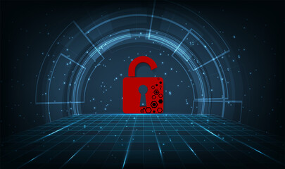 Fototapete - Cyber security attack technology concept.Padlock red open on  dark blue background.Cyber attack and Information leak concept.Vector illustration.EPS10