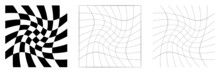 Distorted Abstract Geometric Shape Elements. Deformation, Distortion Warp, Tweak Effect On Checkered, Grid, Mesh Surface