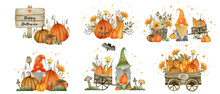 Watercolor Set Gnomes, Pumpkins, Happy Halloween Holiday, Hello Autumn, Isolated Elements On A White Background.