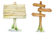 Wooden Signs, Grass Stones. A Watercolor Set Of Objects On An Isolated Background.