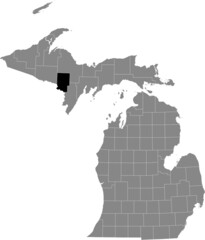 Black highlighted location map of the Dickinson County inside gray map of the Federal State of Michigan, USA