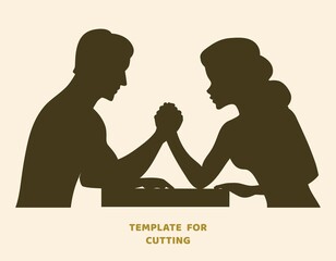 Template for laser cutting, wood carving, paper cut. Silhouettes for cutting. Arm wrestling challenge between a young couple vector stencil