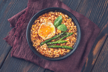 Wall Mural - Bowl of ramen with soft-boiled egg and asparagus