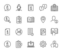 Vector Set Of Information Line Icons. Contains Icons Instruction, Privacy Policy, Info Center, Manual, Rule, Guide, Reference, Help And More. Pixel Perfect.