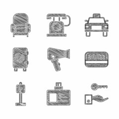 Wall Mural - Set Hair dryer, Identification badge, Hotel door lock key, card, Parking, Safe, Taxi and Armchair icon. Vector