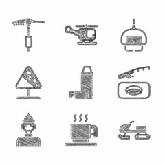 Wall Mural - Set Thermos container, Hot chocolate cup, Snowmobile, Winter fishing, athlete, Road sign avalanches, Ski lift and Ice axe icon. Vector