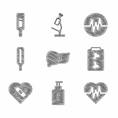 Sticker - Set Human organ liver, Hand sanitizer bottle, Heart rate, X-ray shots, Healed broken heart, Medical thermometer, and Digital icon. Vector