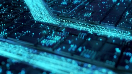 Neural network animation and machine learning procedure inside neural processor architecture. Abstract graphic design concept of artificial intelligence hardware and software training in cyberspace.