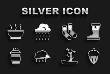 Poster - Set Hedgehog, Waterproof rubber boot, Acorn, Bare tree, Coffee cup to go, Socks, Bowl hot soup and Cloud with rain icon. Vector