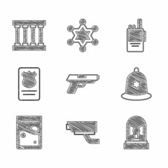 Sticker - Set Pistol or gun, Security camera, Flasher siren, British police helmet, Plastic bag of drug, Police badge with id case, Walkie talkie and Prison window icon. Vector