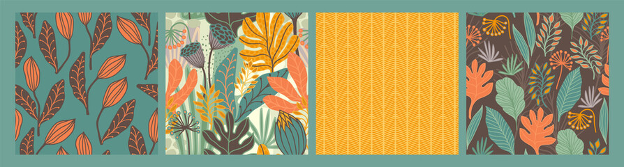 Set of seamless patterns with abstract leaves. Modern design