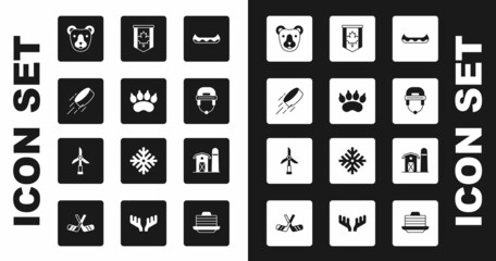 Sticker - Set Kayak, Bear paw footprint, Hockey puck, head, helmet, Pennant flag of Canada, Farm house and Wind turbine icon. Vector