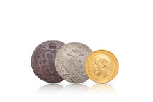 Numismatics. Old Collectible Coins Of Silver, Gold And Copper.