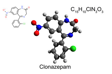 Wall Mural - Chemical formula, skeletal formula, and 3D ball-and-stick model of  benzodiazepine medication clonazepam, white background