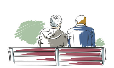 Canvas Print - Two multiethnic men sit on bench view from back vector drawing, Male couple different race sitting together, Hand drawn illustration