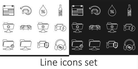 Sticker - Set line Headphones and CD or DVD, Electric car, Water drop percentage, Cars, FTP sync refresh, Calendar, settings folder and icon. Vector