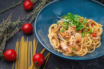 Sticker - Tom Yum pasta with shrimp. Thai dishes. Spaghetti Tom Yum Goong, a fusion of Italian food.