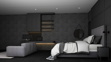 Wall Mural - building up bedroom of industrial loft bedroom interior design with gray furniture bed sofa working table and tv cabinet with brick wall and concrete floor 3d rendering animation