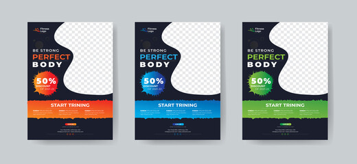 Wall Mural - Fitness gym flyer social media design template for fitness studio promotion with vector & illustration in 3 Colorful Accents 