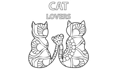 Adult coloring book. Two cute cats. Line art design for antistress colouring pages in zentangle style. Vector illustration.