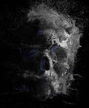 3d Render Of Abstract Art With Surreal Scary Creepy Spooky Halloween Cyber Skull In Matte Scratched Aluminum Metal With Small Dust Smoke Cloud Fog Balls Particles Around On Isolated Black Background