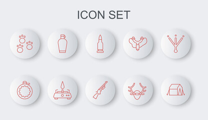 Sticker - Set line Tourist tent, Canteen water bottle, Bullet, Deer antlers on shield, Paw print, Camping gas stove and Shotgun icon. Vector