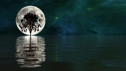 A silhouette tree on a lake water surface with full moon and blue green nebula in background (3D Rendering)