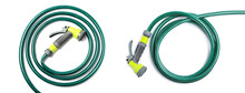 Green Rubber Watering Hoses On White Background, Top View. Banner Design
