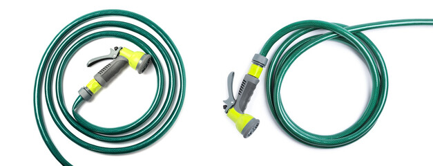 Green rubber watering hoses on white background, top view. Banner design