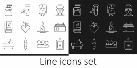 Canvas Print - Set line Clipboard with checklist, Ointment cream tube, IV bag, Heart, Medical book, Bottle of liquid soap, Aroma candle and Laboratory glass leaves icon. Vector