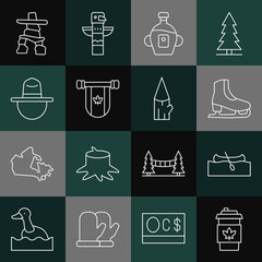 Poster - Set line Coffee cup to go, Kayak or canoe, Skates, Maple syrup, Pennant Canada, Canadian ranger hat, Inukshuk and Wooden log icon. Vector