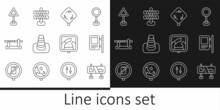 Set Line Road Traffic Sign, Roundabout, Traffic Cone, Parking Car Barrier, Triangle Warning Blank, Drawbridge Ahead And Icon. Vector