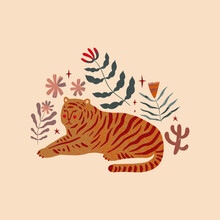 Terracotta Tiger Abstraction Minimalist Design. Boho Modern Minimal Wall Art Animal Print, Trendy Flat Style. Leaflet, Poster Or Layout, Abstract Shapes, Grunge Tropical Flowers, Brush Drawing.