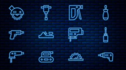 Sticker - Set line Electric cordless screwdriver, Screwdriver, Construction stapler, Wood plane tool, circular saw, jigsaw and jackhammer icon. Vector