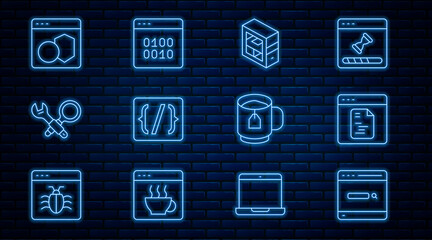 Set line Search engine, Software, Computer, Programming language syntax, Debugging, Cup tea with tea bag and Binary code icon. Vector