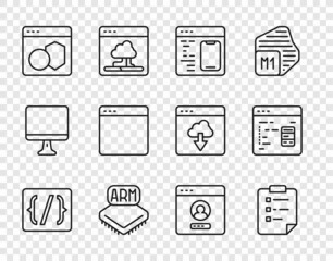 Set line Programming language syntax, Clipboard with checklist, Software, Processor, Browser window, Create account screen and icon. Vector